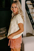 Beige Notched V Neck Short Sleeve Sweater